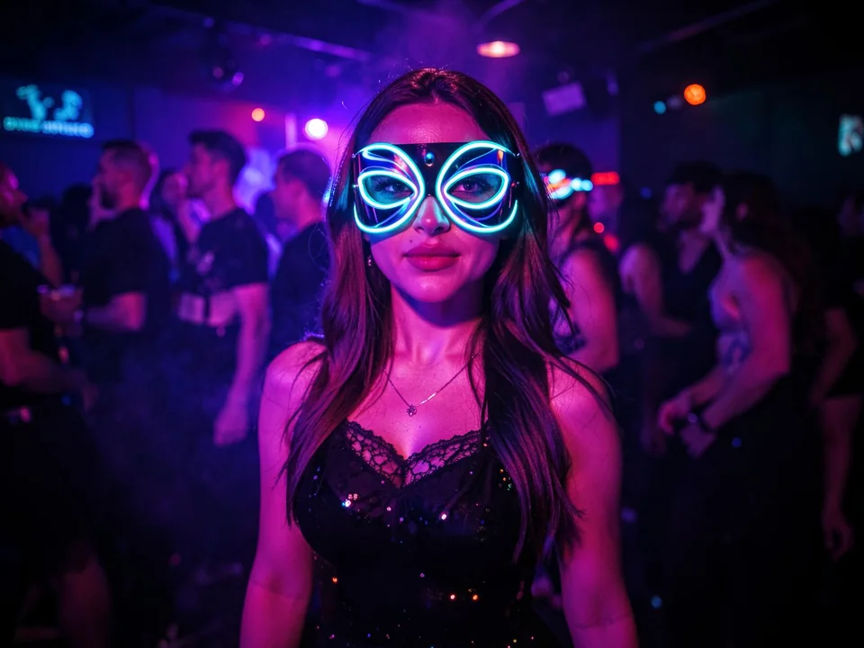 Convidada com máscara neon na Halloween Party